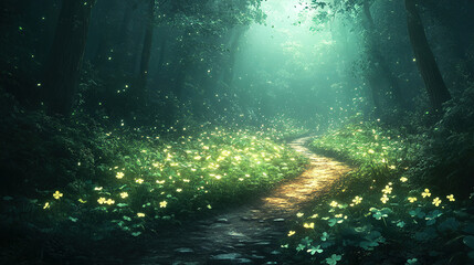Mystical forest path illuminated by soft sunlight and glowing flowers during early morning hours. Generative AI
