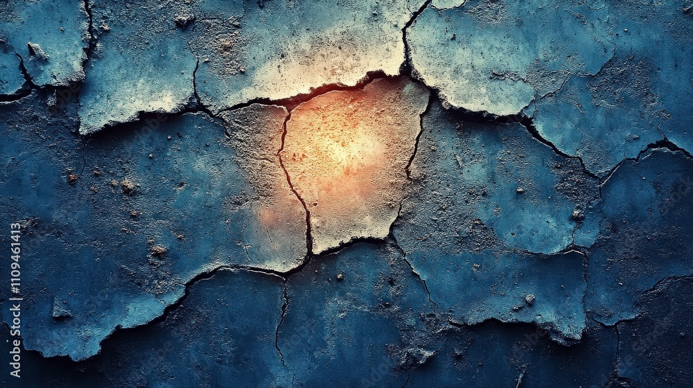 Poster cracked blue surface with warm light emerging from deep crevices creating an intriguing abstract bac