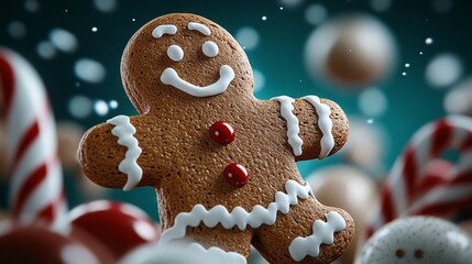 A close-up image of a cheerful gingerbread man smiling amidst an array of holiday treats and candy canes, capturing the spirit of festivities.