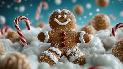 A cheerful gingerbread man with frosting details stands amidst a flurry of candy canes and snowy confections, evoking a festive holiday atmosphere.