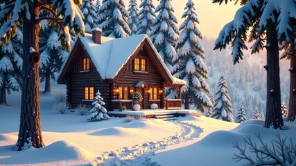 Fototapeta premium Winter Cabin in Snowy Forest - Stunning AI Photorealistic Image