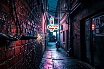 Fototapeta premium Urban Electrical Hazard. Sparking electrical wire on brick wall in moody alley with neon sign and rain-slicked pavement creates dramatic cyberpunk atmosphere.