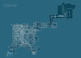 A detailed map of Denver, Colorado, depicted in a minimalist style. The map features a dark teal background with white lines representing roads and streets. The city's layout is clearly visible.