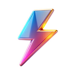 3D lightning symbol featuring blue, pink, and purple pastel gradient colors, and a slightly iridescent, reflective surface on a transparent background