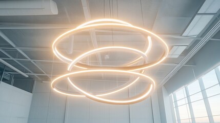 Fototapeta premium A large, circular light fixture hangs from the ceiling in a white room