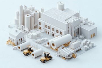 Symmetrical Paper Mill Complex with Industrial Machinery and Paper Rolls in Isometric View - Clean, Minimalist Factory Floor Setting - Industrial Efficiency Concept