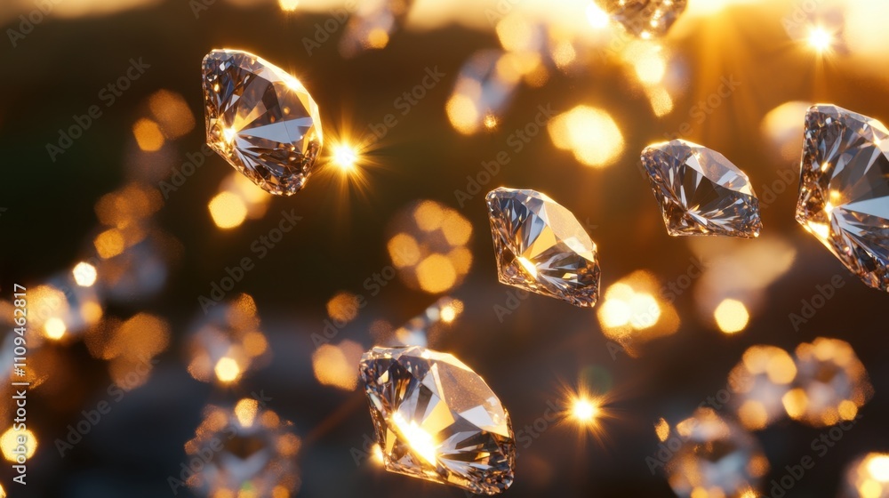 Poster sparkling diamonds in glorious sunlight with bokeh effect