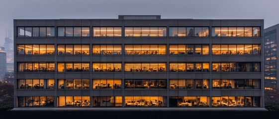 Symmetrical Urban Office Building at Dusk - Modern Architecture in Evening Glow with Minimalist Design and Silent Cityscape Reflection for Business Concept