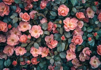 Fototapeta premium A Lush and Vibrant Floral Background Featuring Delicate Pink Roses, Buds, and Green Leaves Perfect for Nature-Themed Designs and Creative Projects