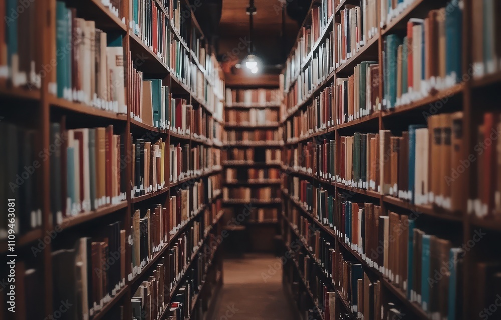 Poster a serene and inviting library interior with tall bookshelves filled with colorful books creating an 