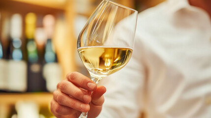 Obraz premium Sommelier holding two glasses of white wine during wine tasting