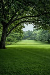 Naklejka premium Tranquil Archway Majestic Tree Frame in Lush Greenery Landscape, Serene Nature Scene with Overcast Sky - Ideal for Relaxation Themes
