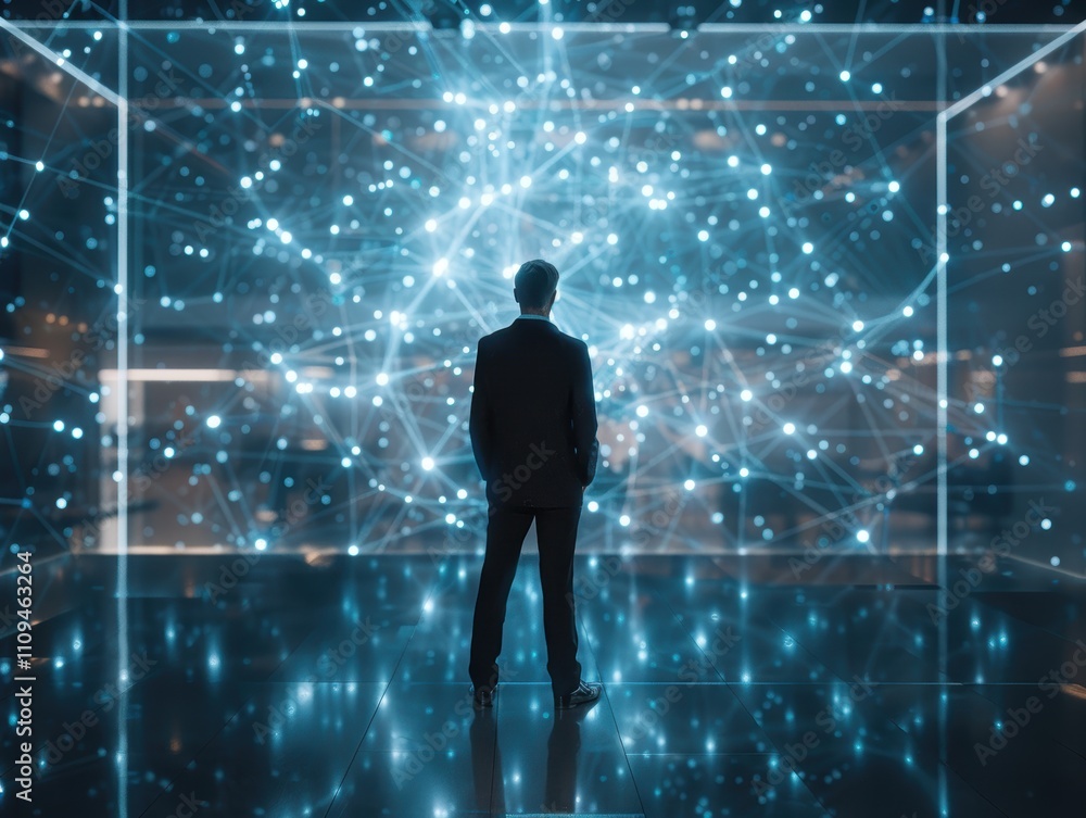 Poster a person in a suit stands before a digital network visualization.