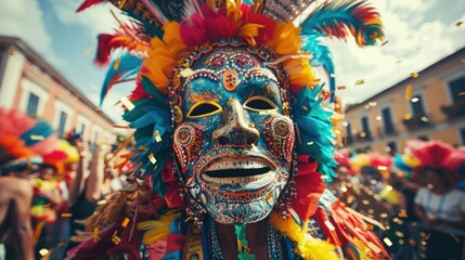 Vibrant carnival mask closeup, colorful feathers, confetti.