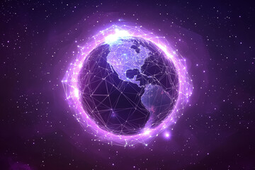 Fototapeta premium Purple holographic glowing globe from space inside digital network grid on a dark purple background. Concept of metaverse, matrix, web 3.0, futuristic digital technology, global connections. 