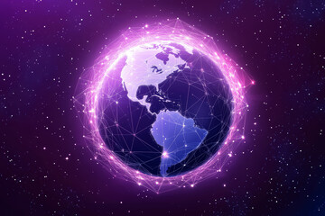 Fototapeta premium Purple holographic glowing globe from space inside digital network grid. Concept of metaverse, matrix, web 3.0, global connections. 