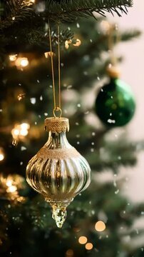 A beautifully styled holiday setting featuring a vintage glass ornament hanging on a Christmas tree branches, surrounded by subtle bokeh created by soft, glowing lighting garlands. 4K footage