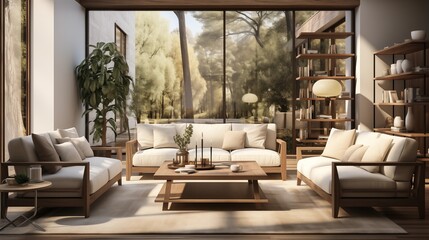 Fototapeta premium Clean and modern apartment design with white armchairs in the living room. A cozy yet minimalist setup for a serene atmosphere.