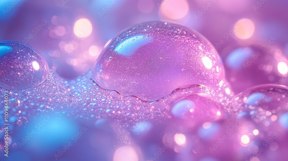 Poster close-up of colorful water droplets on a soft surface, creating a dreamy and abstract background in 