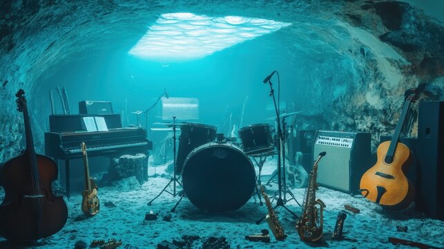 Underwater Music Studio with Instruments and Atmospheric Lighting
