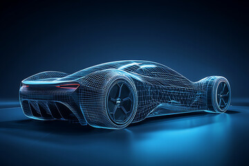 Naklejka premium A futuristic wireframe car model illuminated in blue, showcasing design and technology concepts.