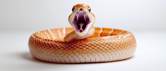 Vivid Close-up of Aggressive Orange Corn Snake with Open Mouth on Minimalist Gray Background - Wildlife Photography