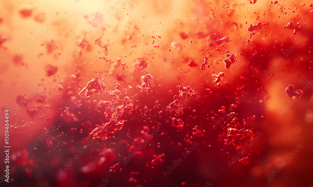 Poster abstract image of floating red particles in a vibrant, warm background, evoking a sense of motion an