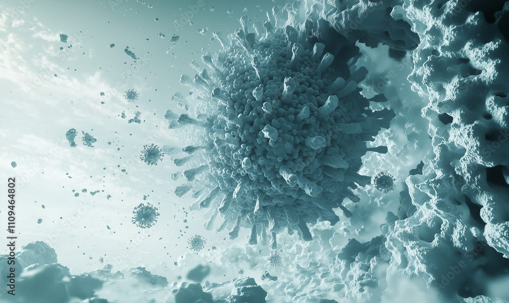 Poster a digital rendering of a virus cell in a microscopic view, showcasing its structure in a bluish-gree
