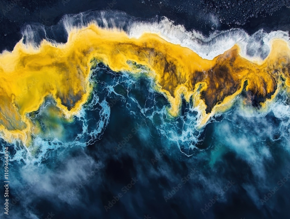 Poster abstract aerial view of ocean waves creating a vibrant contrast between turquoise and golden yellow 