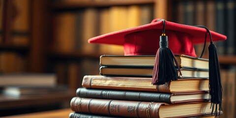 A red graduation cap rests atop a stack of aged leather-bound books, signifying the culmination of academic pursuit and the promise of a brighter future.