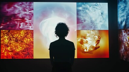 Woman Immersed in Digital Art: Exploring Abstract Visualizations, Immersive Experiences - Powered by Adobe
