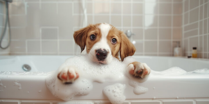 playful puppy of a certain breed of dog enjoys taking a bubble bath in a bright bathroom in the interior tiled wall, washing the dog