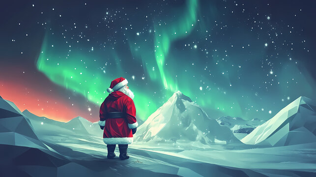 A magical scene of santa claus concept in wonder at the vivid northern lights, geometric zenith. Zenith. Illustration