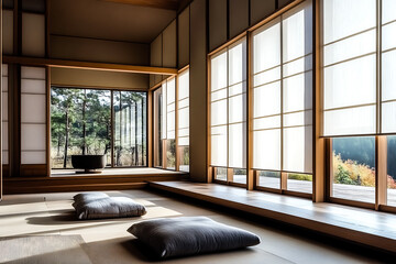 Photo minimalist and Japanese interior design of a modern living room is a popular choice.