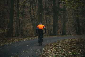 A cyclist rides along a narrow road in an autumn forest