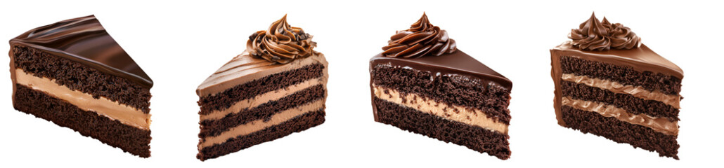 Four slices of rich chocolate cake, showcasing layers of moist sponge and creamy frosting, topped with decorative chocolate swirls.