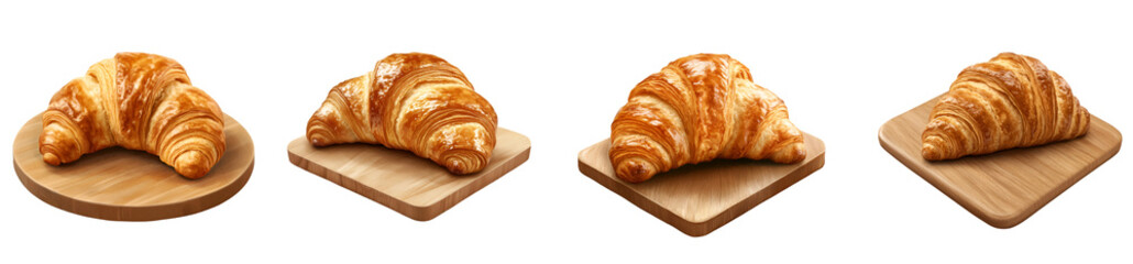 Four freshly baked croissants displayed on wooden boards, showcasing their golden-brown, flaky texture and inviting appearance.