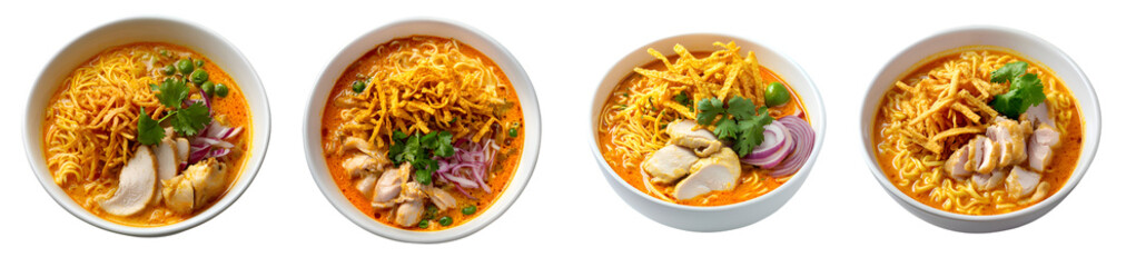 A collection of four bowls filled with noodles, garnished with herbs, vegetables, and protein, showcasing a vibrant and appetizing presentation.