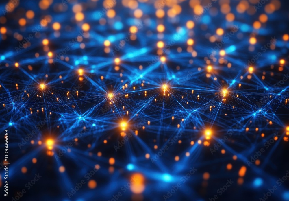 Poster abstract digital network background with glowing nodes and connections representing data flow and co