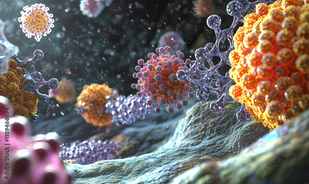 Aufkleber a vibrant, microscopic view showcasing various colorful viruses and molecular structures in a dynami