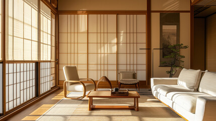 modern living room, minimalist japandi style