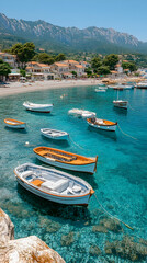 Obraz premium Calm bay with small boats moored near a picturesque coastal village under a clear blue sky.
