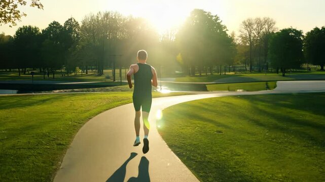 A man jogging in the park in the morning