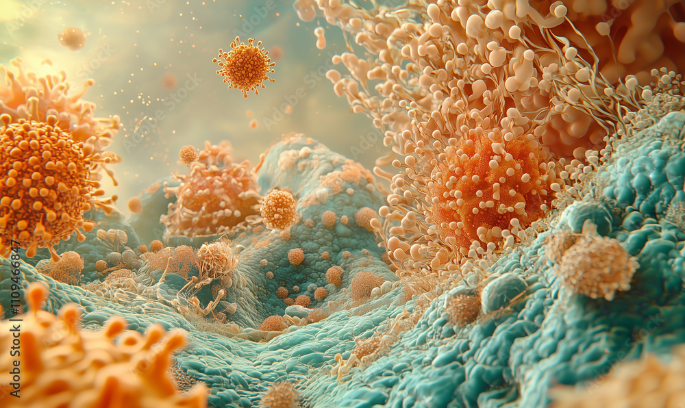 Poster a vibrant microscopic scene showcasing various microorganisms in a colorful, textured environment, i