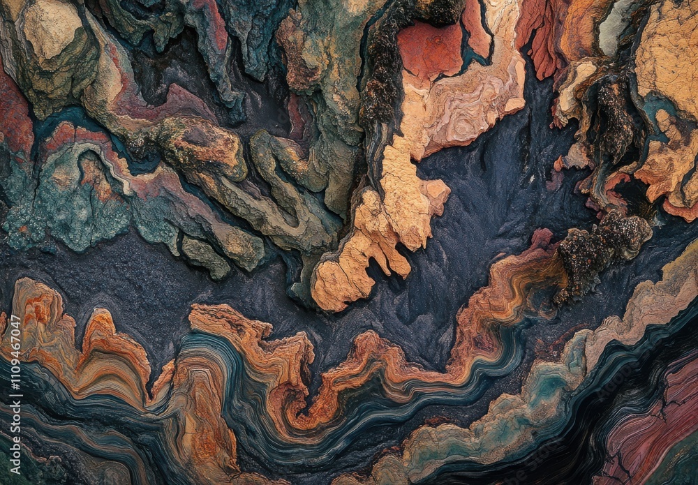 Poster abstract geological pattern with rich colors and textures featuring earthy tones in layers and waves
