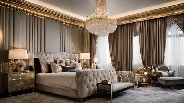 A Luxurious Bedroom With A Chandelier And A Bed With A Tufted Headboard