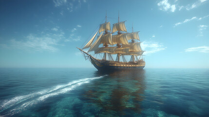 Fototapeta premium Classic sailing ship on calm ocean.
