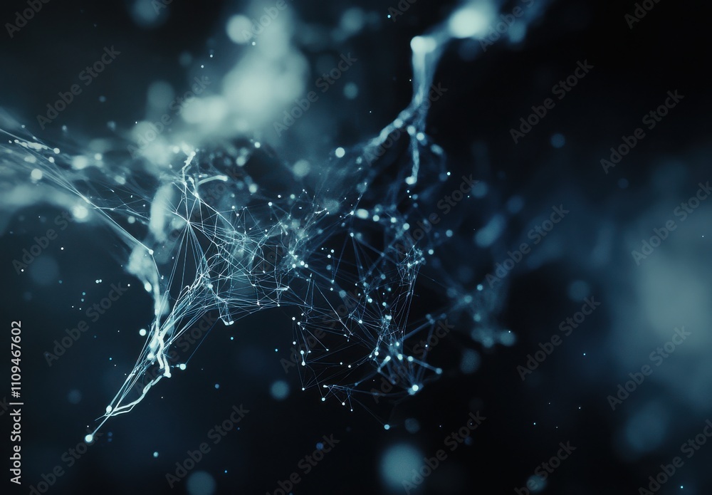 Poster abstract network connections in a dark space showcasing luminous points of light and interconnected 