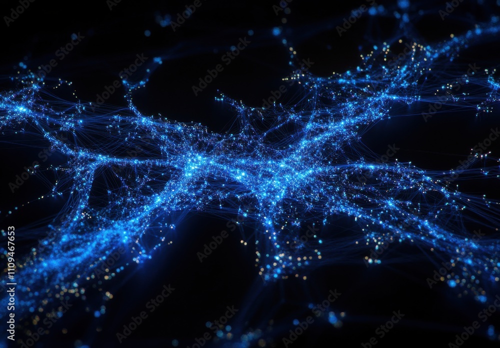 Poster abstract network of bright blue illuminations on a dark background representing connections in digit