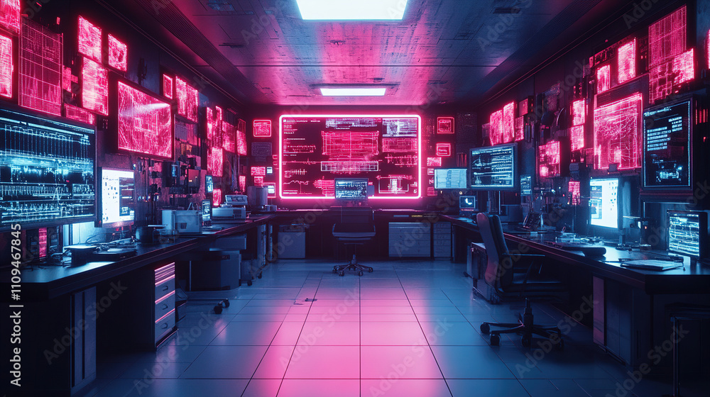Aufkleber modern control room with glowing screens and data visualizations at night. generative ai